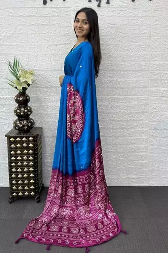 Blue Color Heavy Mirror Work Satin art silk saree