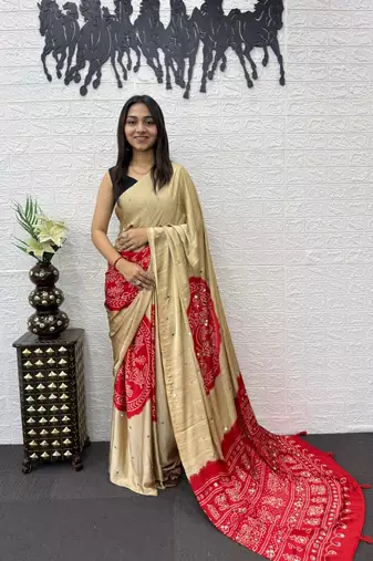 Cream Color Heavy Mirror Work Satin Silk Saree