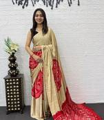 Cream Color Heavy Mirror Work Satin Silk Saree