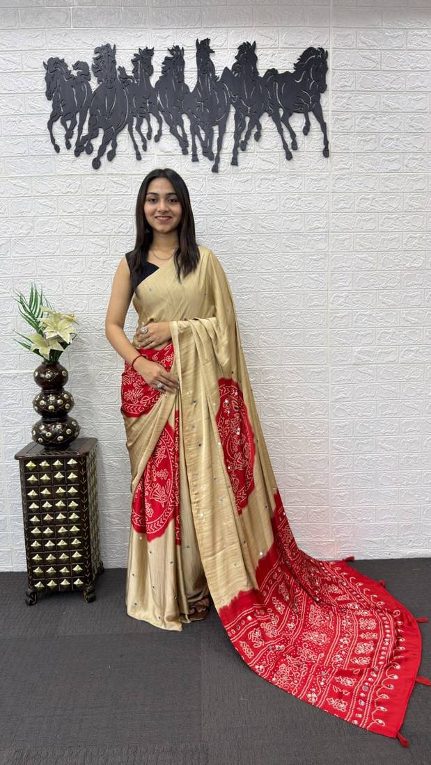 Cream Color Heavy Mirror Work Satin Silk Saree