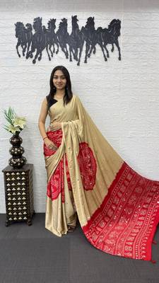 Cream Color Heavy Mirror Work Satin art silk saree 2