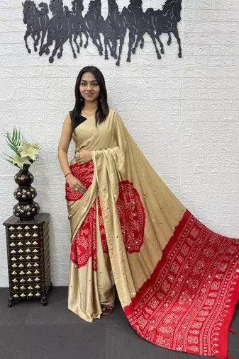 Cream Color Heavy Mirror Work Satin art silk saree