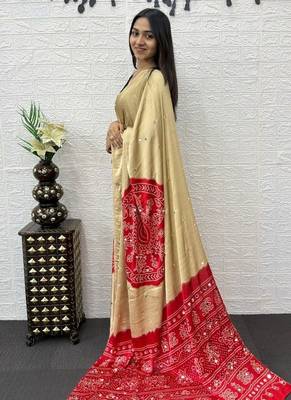 Cream Color Heavy Mirror Work Satin art silk saree 3