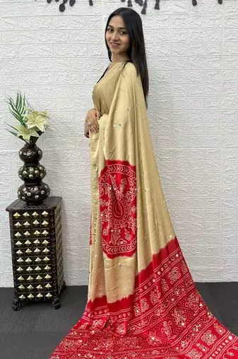 Cream Color Heavy Mirror Work Satin art silk saree
