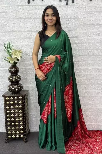 Green Color Heavy Mirror Work Satin Silk Saree