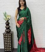 Green Color Heavy Mirror Work Satin Silk Saree