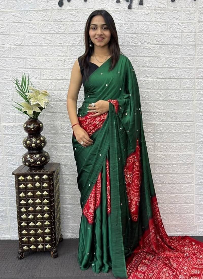 Green Color Heavy Mirror Work Satin Silk Saree