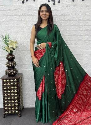 Green Color Heavy Mirror Work Satin art silk saree 2