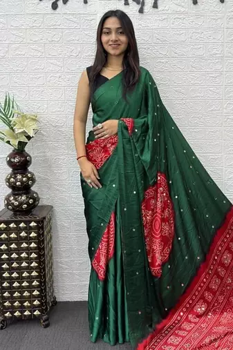 Green Color Heavy Mirror Work Satin art silk saree