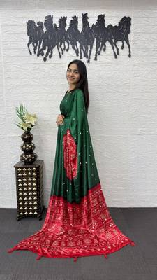 Green Color Heavy Mirror Work Satin art silk saree 3