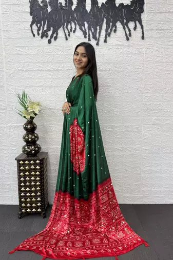 Green Color Heavy Mirror Work Satin art silk saree