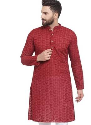 Maroon chikankari cotton embroidery men kurta 1