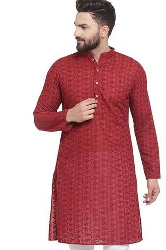 Maroon chikankari cotton embroidery men kurta