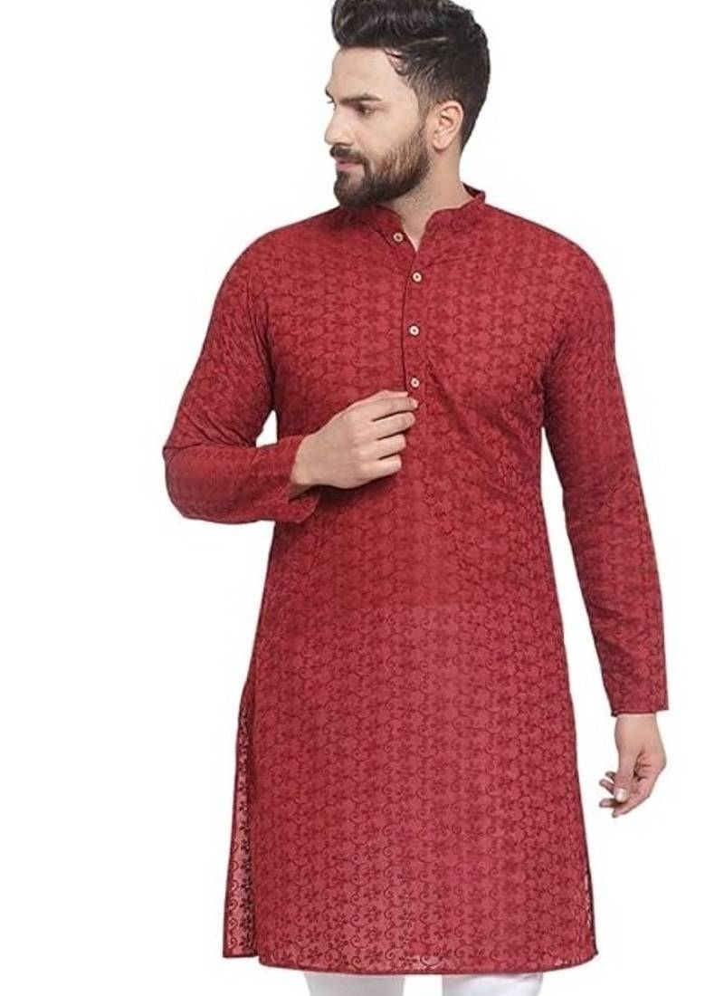 Maroon chikankari cotton embroidery men kurta