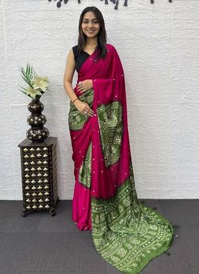 Pink Color Heavy Mirror Work Satin art silk saree 1