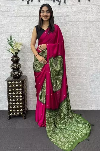 Pink Color Heavy Mirror Work Satin Silk Saree