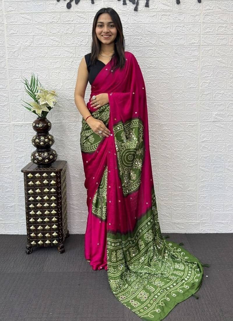 Pink Color Heavy Mirror Work Satin Silk Saree