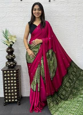 Pink Color Heavy Mirror Work Satin art silk saree 2