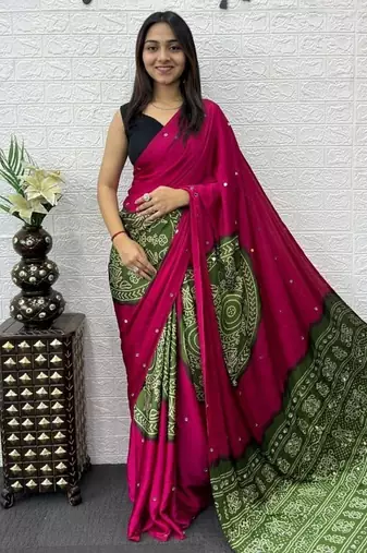 Pink Color Heavy Mirror Work Satin art silk saree
