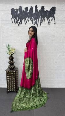 Pink Color Heavy Mirror Work Satin art silk saree 3