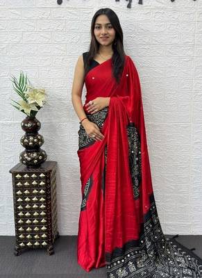 Red Color Heavy Mirror Work Satin art silk saree 1