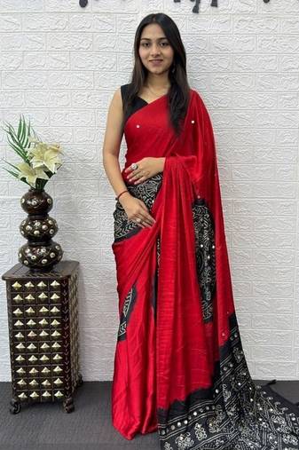 Red Color Heavy Mirror Work Satin Silk Saree