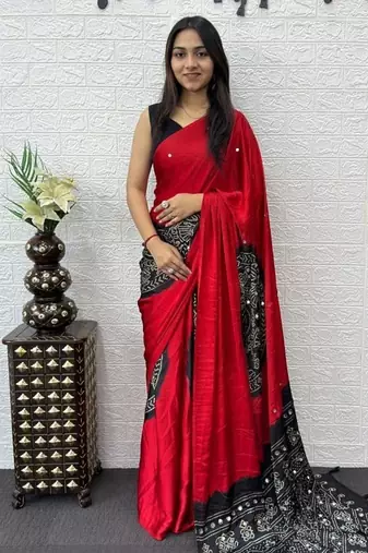 Red Color Heavy Mirror Work Satin Silk Saree