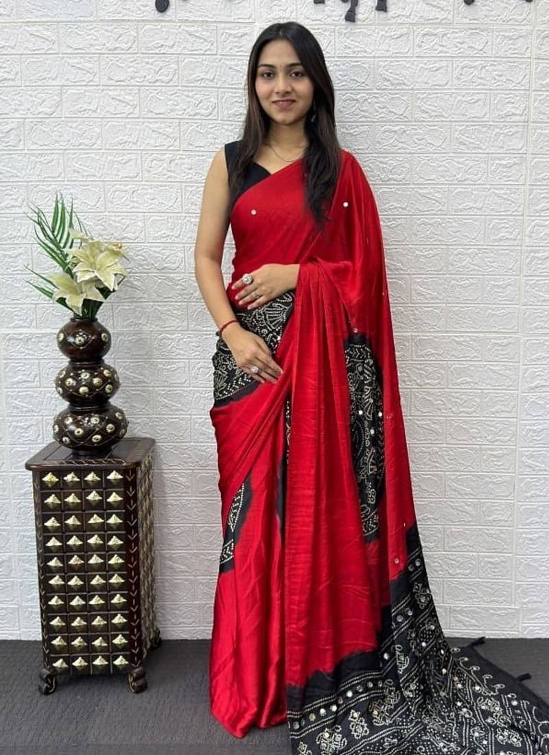 Red Color Heavy Mirror Work Satin Silk Saree