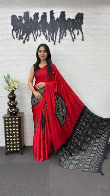 Red Color Heavy Mirror Work Satin art silk saree 2