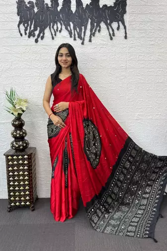 Red Color Heavy Mirror Work Satin art silk saree