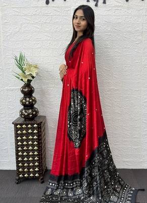 Red Color Heavy Mirror Work Satin art silk saree 3