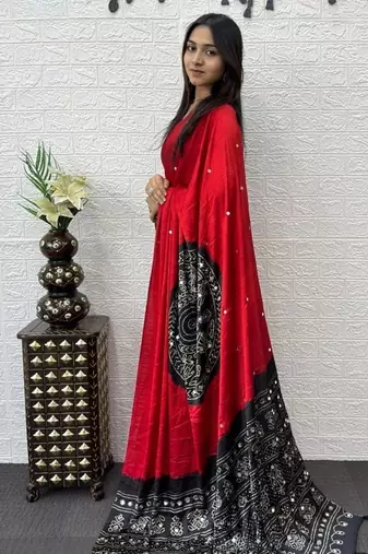 Red Color Heavy Mirror Work Satin art silk saree