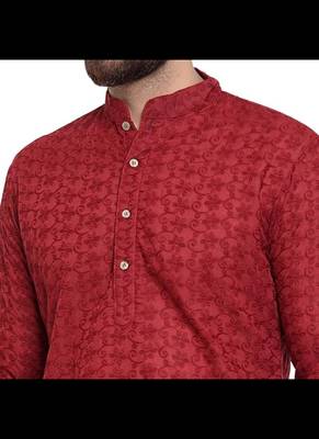 Maroon chikankari cotton embroidery men kurta 4