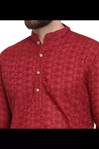 Maroon chikankari cotton embroidery men kurta