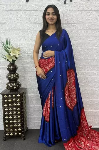 Royal Blue Color Heavy Mirror Work Satin Silk Saree