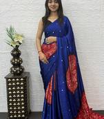 Royal Blue Color Heavy Mirror Work Satin Silk Saree