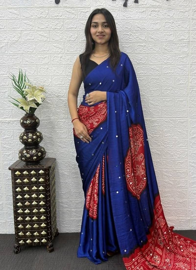 Royal Blue Color Heavy Mirror Work Satin Silk Saree