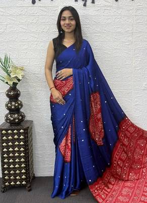 Royal Blue Color Heavy Mirror Work Satin art silk saree 2