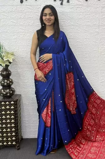 Royal Blue Color Heavy Mirror Work Satin art silk saree