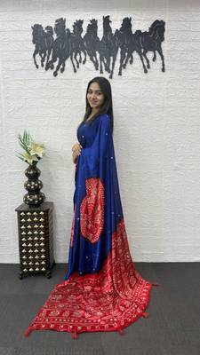 Royal Blue Color Heavy Mirror Work Satin art silk saree 3