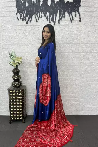 Royal Blue Color Heavy Mirror Work Satin art silk saree