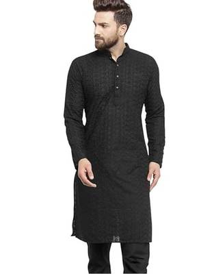 Black chikankari cotton embroidery men kurta 1