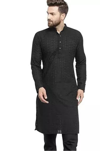 Black chikankari cotton embroidery men kurta