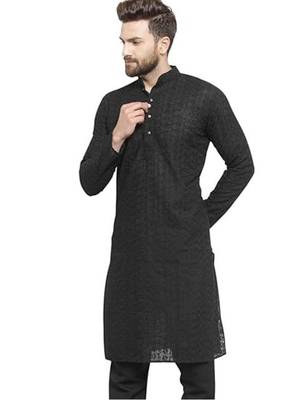 Black chikankari cotton embroidery men kurta 3