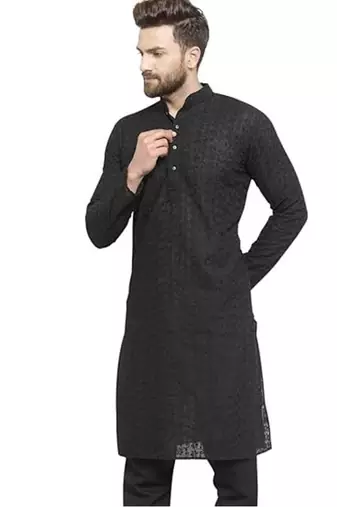 Black chikankari cotton embroidery men kurta