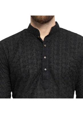 Black chikankari cotton embroidery men kurta 4