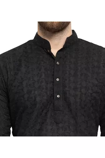 Black chikankari cotton embroidery men kurta