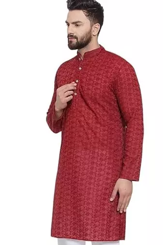 Maroon chikankari cotton embroidery men kurta