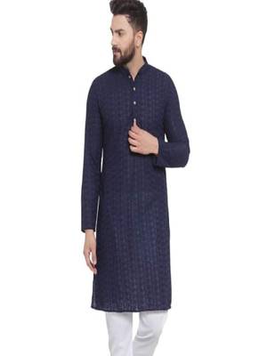 Navy blue chikankari cotton embroidery men kurta 1