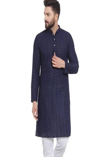 Navy blue chikankari cotton embroidery men kurta